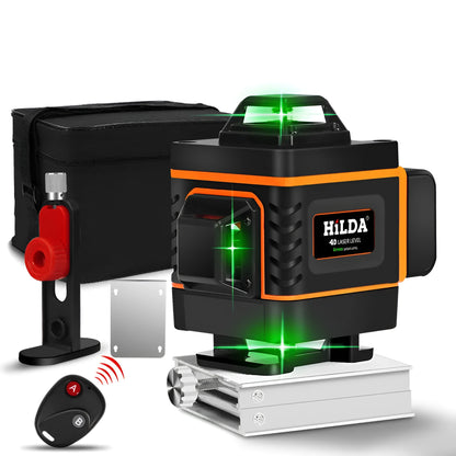 Rotating laser level with green beam displaying 16-line pattern for wall alignment