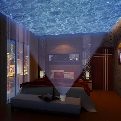 White and blue ocean wave projector measuring 13x12x12 cm with remote control