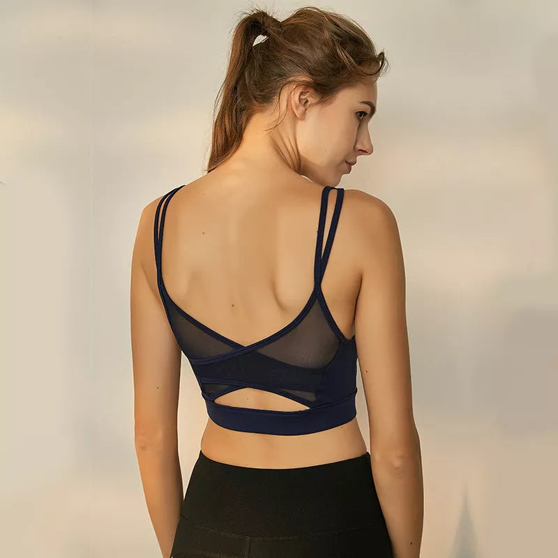 Sympathetic Sports Bra in pink, navy blue, and snowflake gray with fixed double shoulder straps