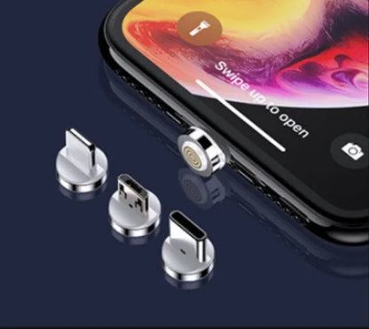 Black magnetic fast-charge cable with LED lights and three interchangeable heads for iPhone, Android, and Type-C ports