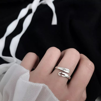 Adjustable English Letter Hollow Belief Ring in silver with unique hollow design