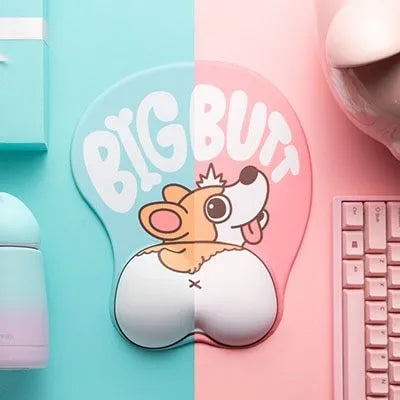 Corgi bottom 3D mouse pad with wrist cushion on desktop