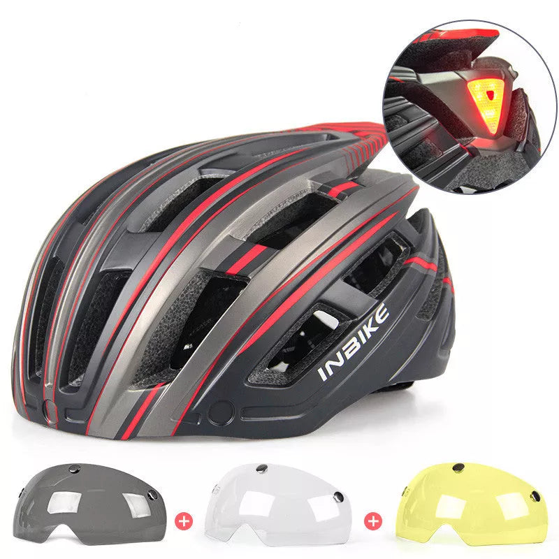 Mountain road bikes cycling helmet with tail lights and interchangeable lenses for men and women