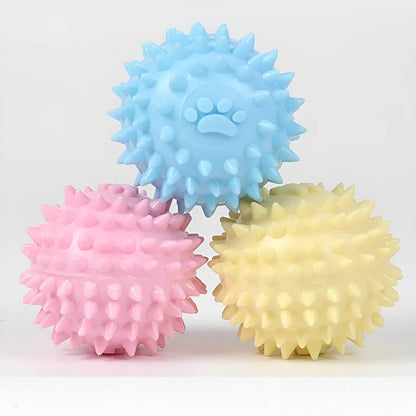 Blue TPR dog chewing toy ball with footprint design and tooth-cleaning bulges