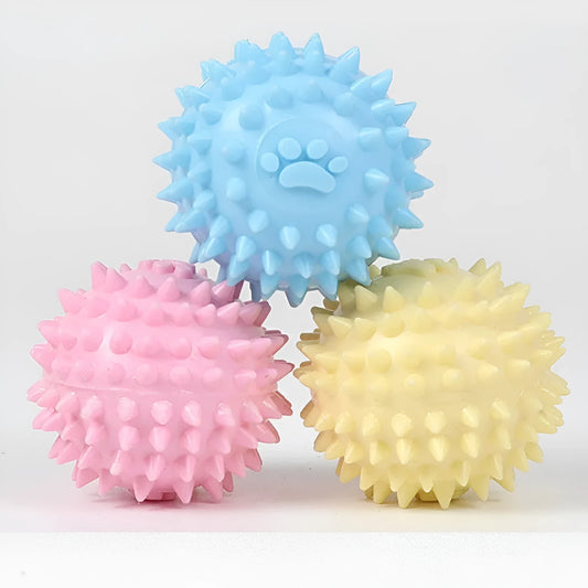 Blue TPR dog chewing toy ball with footprint design and tooth-cleaning bulges