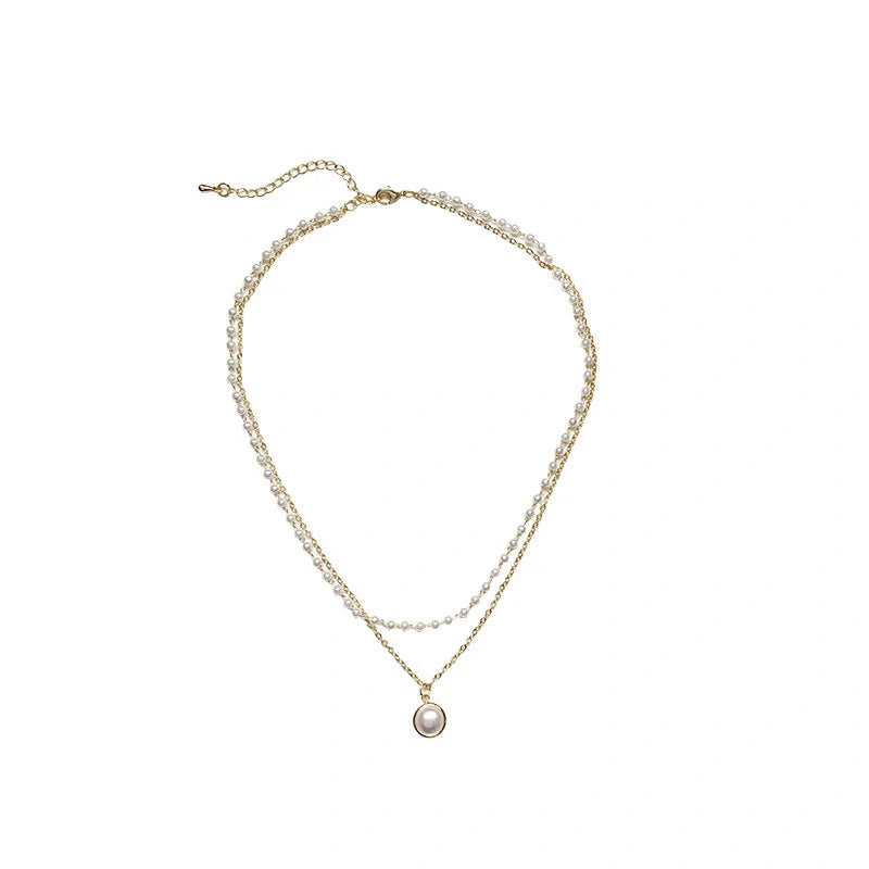 Gold geometric double-layer pearl necklace with adjustable chain