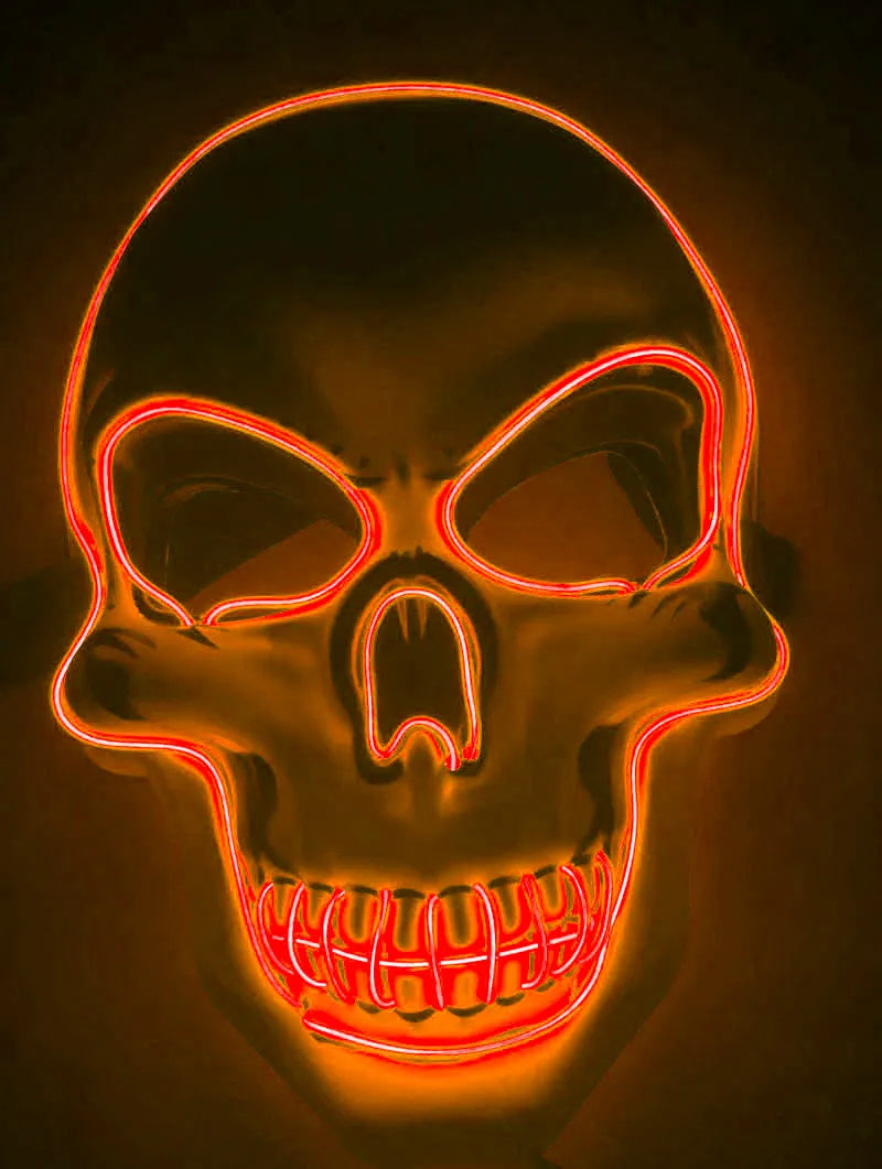 Blue LED glow skeleton mask with flashing lights on a person's face