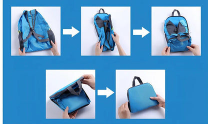 Yellow foldable sports backpack showing 30.5x42cm dimensions and compression feature