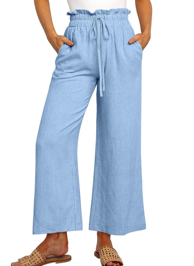 Elastic waistband lace-up wide leg cropped pants in solid colors, showcasing versatile style and comfort