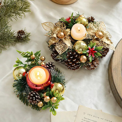 Christmas candlestick wreath with artificial pinecones and fake leaves for holiday decor