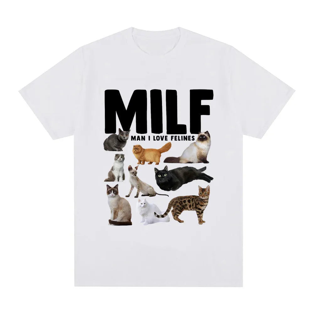 Geometric pattern cat lover graphic on a short sleeve cotton T-shirt, shown in multiple colours.
