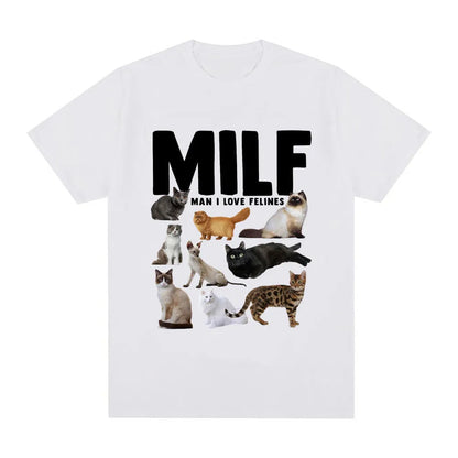 Geometric pattern cat lover graphic on a short sleeve cotton T-shirt, shown in multiple colours.