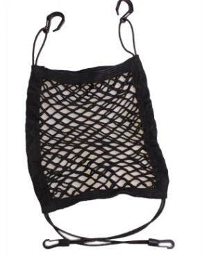 Expandable car seat organizer made of stretchy polyester mesh, with safety hooks for easy installation between driver and passenger seats