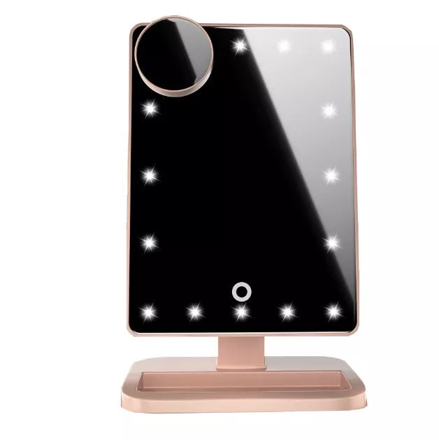 Touch screen makeup mirror with LED lights and Bluetooth speaker in black, white, champagne, and rose gold