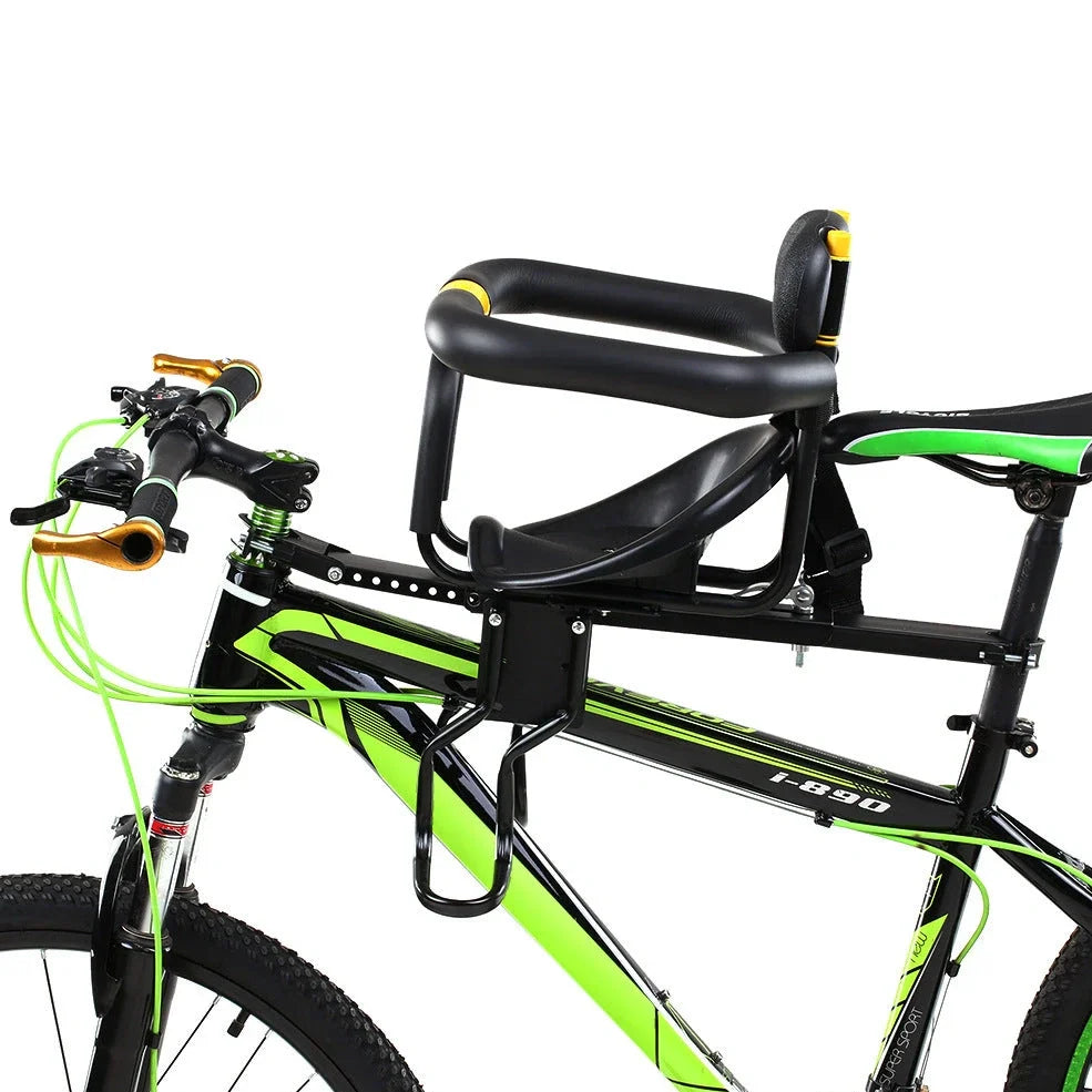 Front-mounted bicycle child seat with steel frame construction in black colour