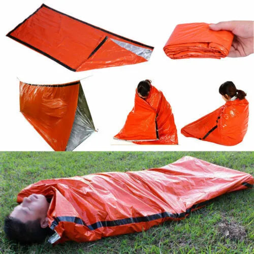 Reusable emergency sleeping bag in PE, 200cm x 90cm, waterproof thermal survival bivvy for camping and outdoor use.
