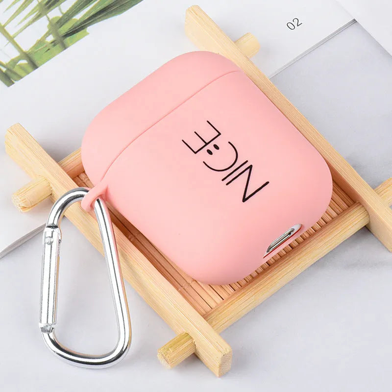 AirPods earphone cover, PC material decorative back cover for iPhone-compatible AirPods cases, providing a non-Apple branded protective shell, available in Black or Pink colours and styles including Flower, Love, and Smiley face.