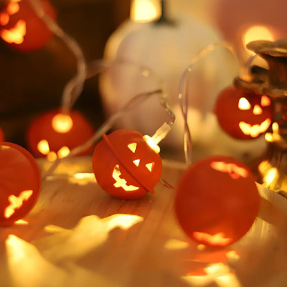 Halloween pumpkin string lights with iron shells, warm white illumination, battery operation
