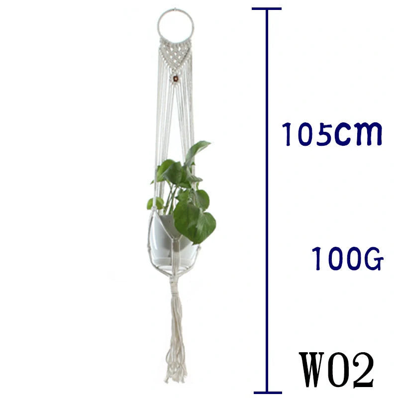 Beige cotton rope hanging basket with various styles for indoor plant display