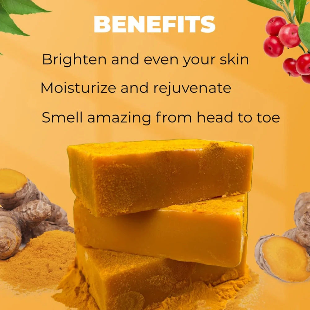 Natural Turmeric Kojic Soap for brightening and moisturizing skin, handmade with natural ingredients.