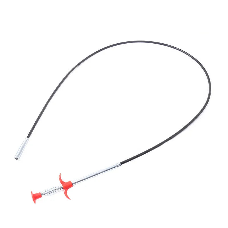 Stainless steel sewer dredge spring drain cleaning tool with a black PP handle.