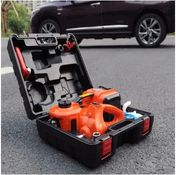 Automotive electro-hydraulic jack with wrench in black or yellow for car tyre changes