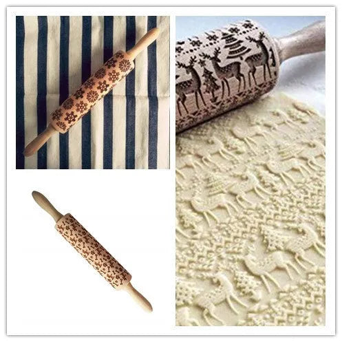 Wooden rolling pin with engraved Christmas patterns including reindeer and snowflakes on a 45cm long barrel.