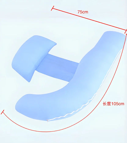 Blue J-shaped maternity pillow measuring 165cm with removable cotton cover for pregnancy support