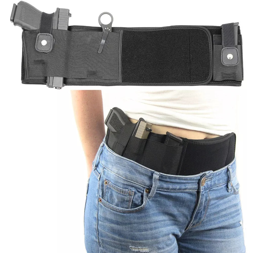 Neoprene concealed carry belly holster with spare magazine pocket, fits up to 40" waist
