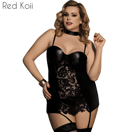 Gartered lingerie set with lace panels, faux leather accents and adjustable straps