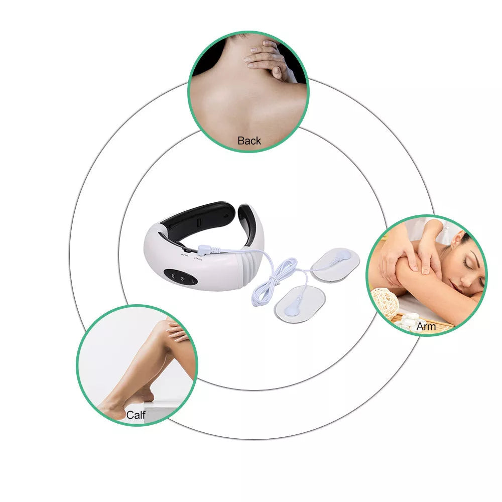 Cervical massager with 6 modes for neck tension relief, white color, includes gel strips