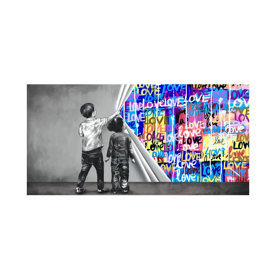 Frameless abstract graffiti canvas art for children's rooms in multiple sizes and colour variations