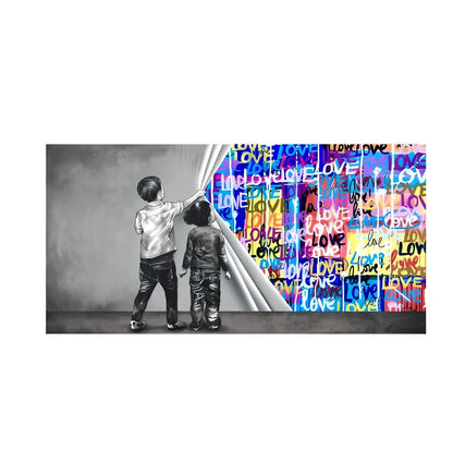 Frameless abstract graffiti canvas art for children's rooms in multiple sizes and colour variations