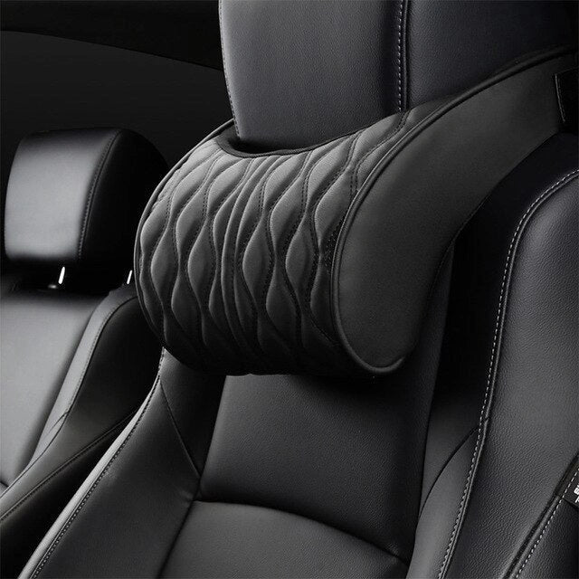 Ergonomic memory foam car headrest and lumbar support set with breathable knitted fabric and adjustable straps for personalized comfort and support