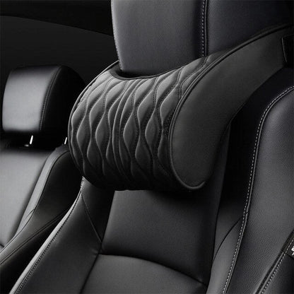 Ergonomic memory foam car headrest and lumbar support set with breathable knitted fabric and adjustable straps for personalized comfort and support
