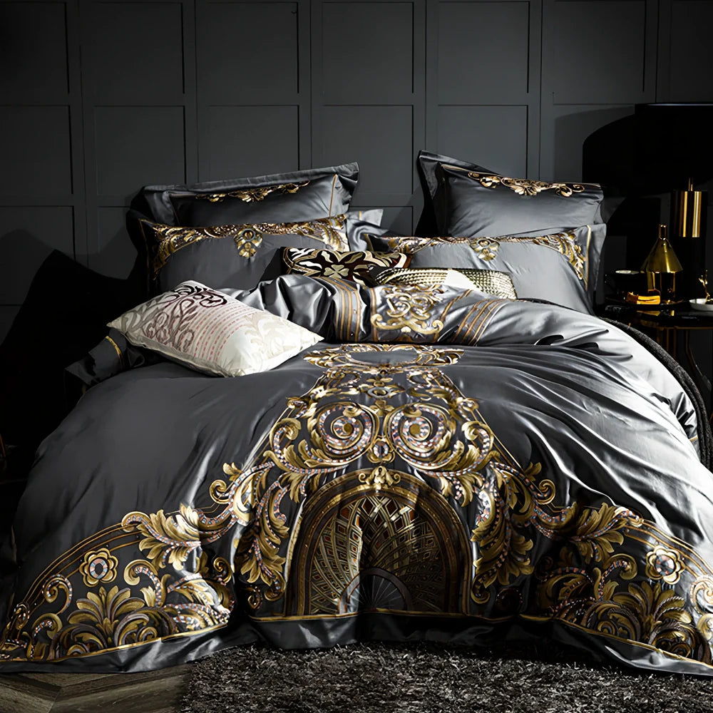Four-piece embroidered cotton bed set in grey with 200x230cm duvet cover and reactive print details