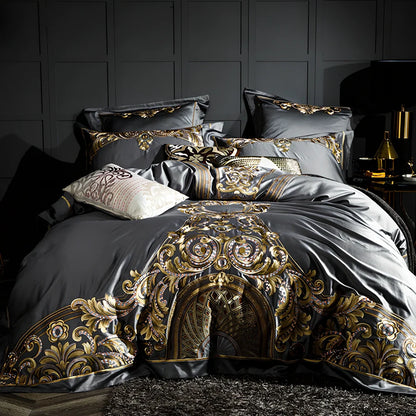 Four-piece embroidered cotton bed set in grey with 200x230cm duvet cover and reactive print details