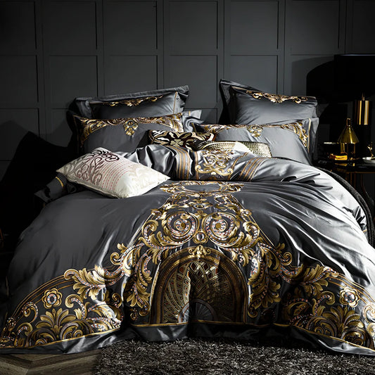 Four-piece embroidered cotton bed set in grey with 200x230cm duvet cover and reactive print details