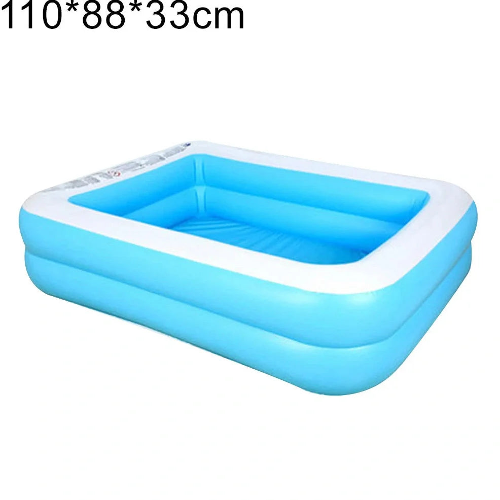 Large rectangular blue paddling pool measuring 200cm long × 150cm wide in garden setting