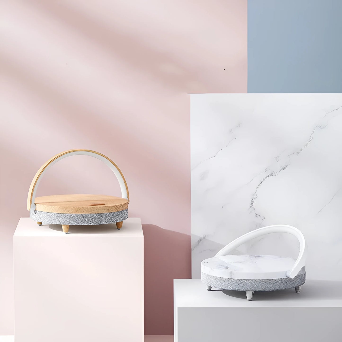Wireless charging LED night light with Bluetooth speaker in marble pattern finish on a wooden desk.