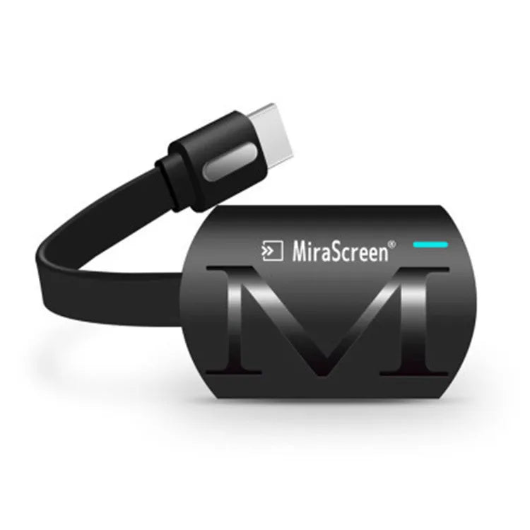 Black USB HD TV screen mirroring dongle with HDMI connector for 1080p smartphone streaming.