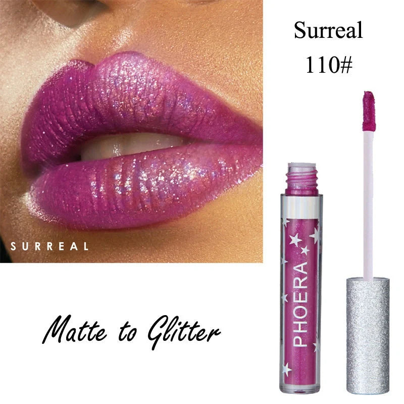 Glitter Liquid Lipstick in various shimmering colors, featuring a moisturizing and long-lasting formula