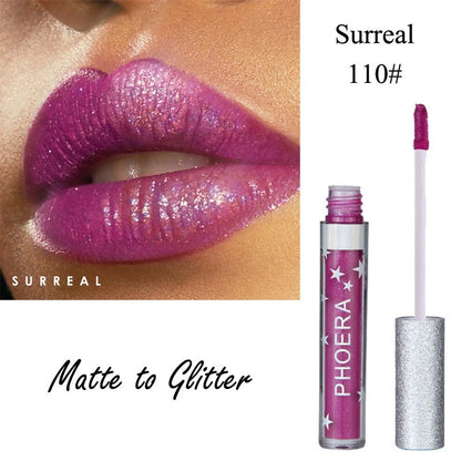 Glitter Liquid Lipstick in various shimmering colors, featuring a moisturizing and long-lasting formula
