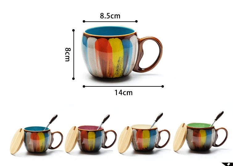 Handmade ceramic coffee mug with lid and spoon in vibrant colors, 350ml capacity