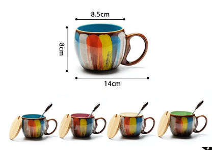 Handmade ceramic coffee mug with lid and spoon in vibrant colors, 350ml capacity