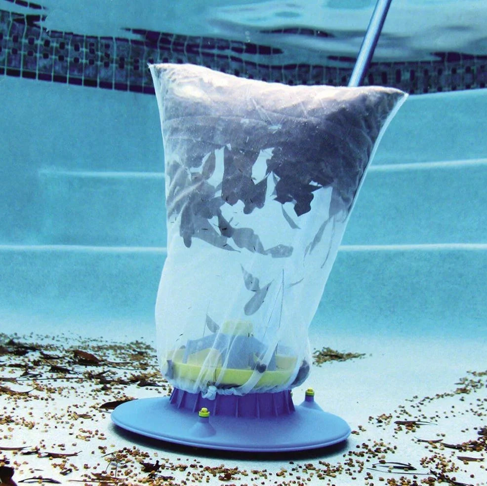 Blue swimming pool vacuum cleaner with suction head and mesh bag for garden hose attachment