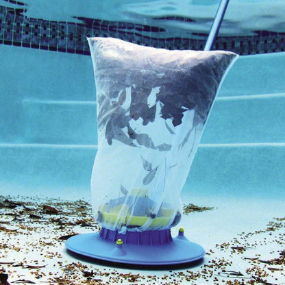 Blue swimming pool vacuum cleaner with suction head and mesh bag for garden hose attachment