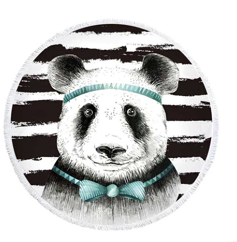 Round blue beach towel with panda design showing 140cm diameter and cushion roll function