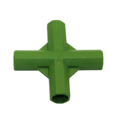 Two white PP plastic 3-way and 4-way plant support connector joints for 11mm garden stakes.