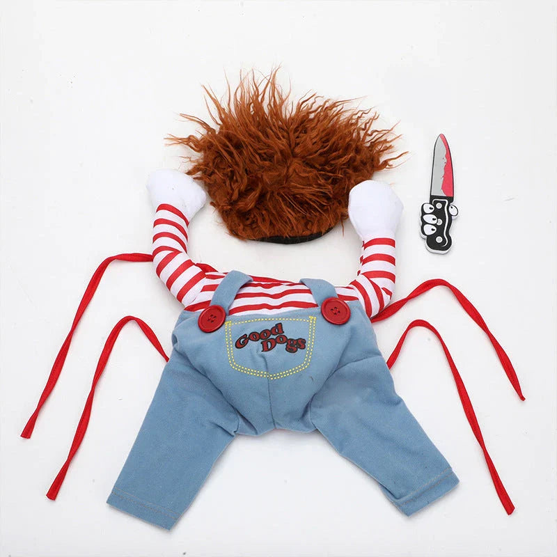 Adjustable polyester pet costume with wig and foam knife accessories, perfect for Halloween celebrations with your furry friend
